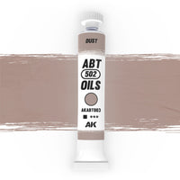 AK Interactive Abteilung 502 Dust Oil Paint AKABT003 bottle showcasing its authentic dust color on a clean white background
