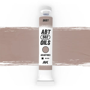 AK Interactive Abteilung 502 Dust Oil Paint AKABT003 bottle showcasing its authentic dust color on a clean white background