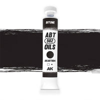 AK Interactive Abteilung 502 Bitume Oil Paint AKABT004 bottle showcasing its rich, dark color on a clean white background
