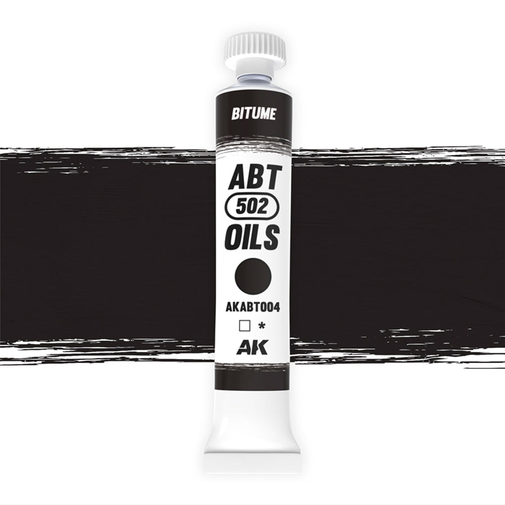 AK Interactive Abteilung 502 Bitume Oil Paint AKABT004 bottle showcasing its rich, dark color on a clean white background