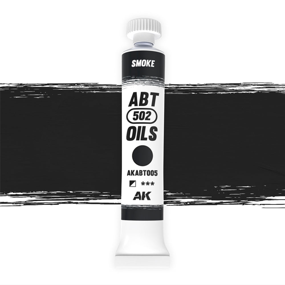 AK Interactive Abteilung 502 Smoke Oil Paint AKABT005 bottle showcasing its authentic smoke color on a clean white background