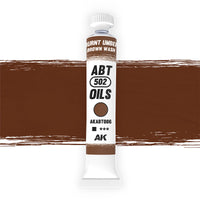 AK Interactive Abteilung 502 Burnt Umber Oil Paint AKABT006 bottle showcasing its rich, deep brown color on a clean white background
