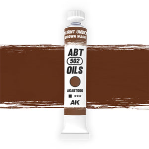 AK Interactive Abteilung 502 Burnt Umber Oil Paint AKABT006 bottle showcasing its rich, deep brown color on a clean white background