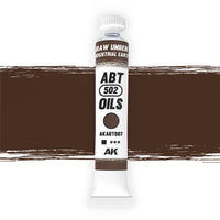 AK Interactive Abteilung 502 Raw Umber Oil Paint AKABT007 bottle showcasing its rich, earthy brown color on a clean white background
