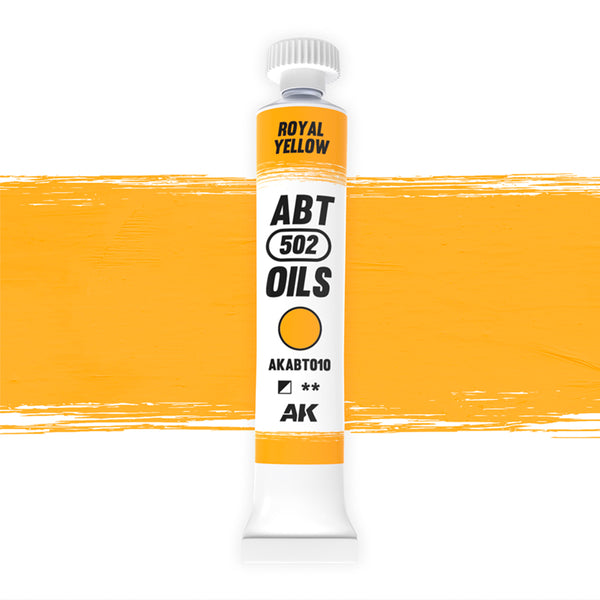 AK Interactive Abteilung 502 Royal Yellow Oil Paint AKABT010 bottle showcasing its vibrant yellow color on a clean white background