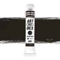 AK Interactive Abteilung 502 Cassel Earth Oil Paint AKABT015 bottle showcasing its rich shadow brown color on a clean white background
