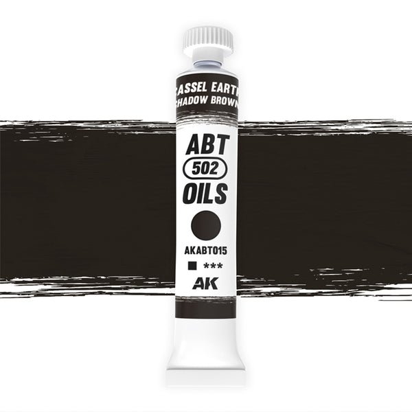 AK Interactive Abteilung 502 Cassel Earth Oil Paint AKABT015 bottle showcasing its rich shadow brown color on a clean white background