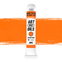 AK Interactive Abteilung 502 Indian Yellow Oil Paint AKABT020 bottle showcasing its warm, faded dark yellow color on a clean white background
