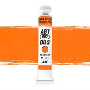 AK Interactive Abteilung 502 Indian Yellow Oil Paint AKABT020 bottle showcasing its warm, faded dark yellow color on a clean white background