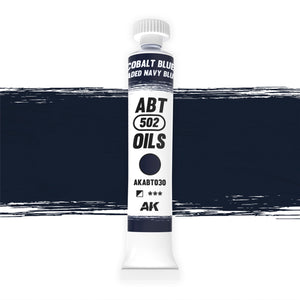 AK Interactive Abteilung 502 Cobalt Blue / Faded Navy Blue Oil Paint AKABT030 bottle showcasing its rich, deep blue color on a clean white background