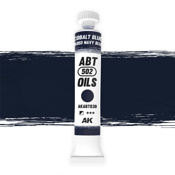 AK Interactive Abteilung 502 Cobalt Blue / Faded Navy Blue Oil Paint AKABT030 bottle showcasing its rich, deep blue color on a clean white background