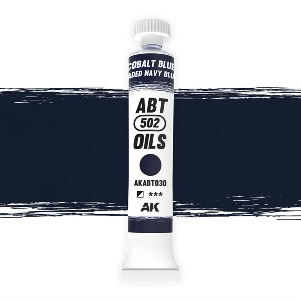 AK Interactive Abteilung 502 Cobalt Blue / Faded Navy Blue Oil Paint AKABT030 bottle showcasing its rich, deep blue color on a clean white background