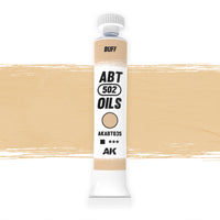 AK Interactive Abteilung 502 Buff Oil Paint AKABT035 bottle showcasing its versatile light tan color on a clean white background
