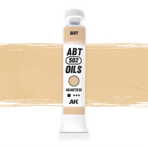 AK Interactive Abteilung 502 Buff Oil Paint AKABT035 bottle showcasing its versatile light tan color on a clean white background