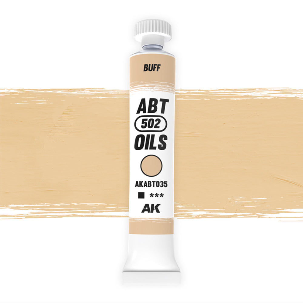 AK Interactive Abteilung 502 Buff Oil Paint AKABT035 bottle showcasing its versatile light tan color on a clean white background