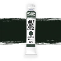 AK Interactive Abteilung 502 Sap Green | Faded Green Oil Paint AKABT040 bottle showcasing its rich, natural green color on a clean white background
