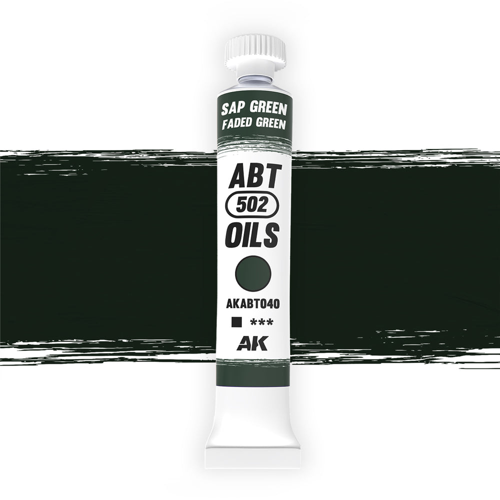 AK Interactive Abteilung 502 Sap Green | Faded Green Oil Paint AKABT040 bottle showcasing its rich, natural green color on a clean white background