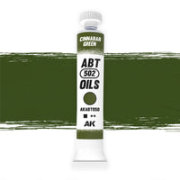 AK Interactive Abteilung 502 Cinnabar Green Oil Paint AKABT050 bottle showcasing its vibrant, rich green color on a clean white background
