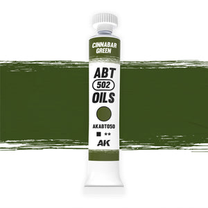 AK Interactive Abteilung 502 Cinnabar Green Oil Paint AKABT050 bottle showcasing its vibrant, rich green color on a clean white background