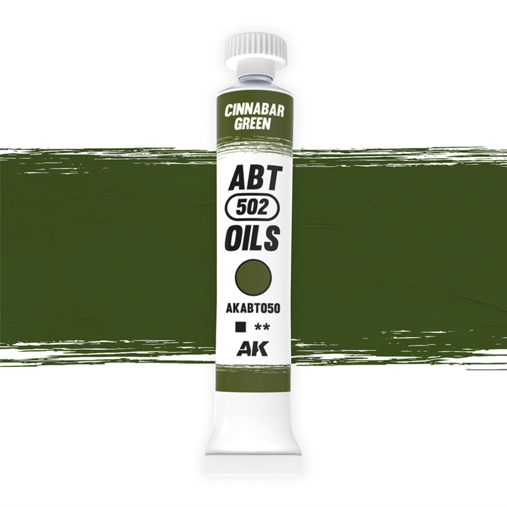 AK Interactive Abteilung 502 Cinnabar Green Oil Paint AKABT050 bottle showcasing its vibrant, rich green color on a clean white background