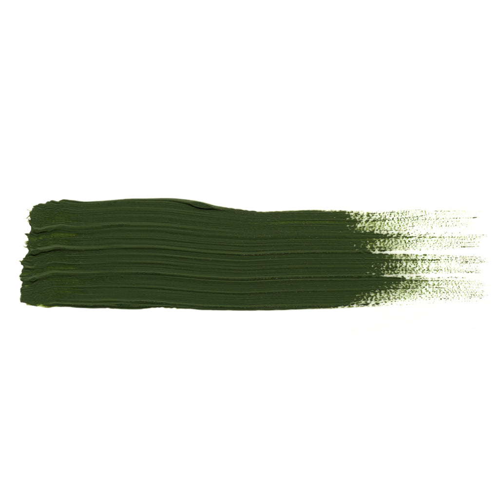 Horizontal brush-stroke swatch of Abteilung 502 Cinnabar Green showing a vivid olive green