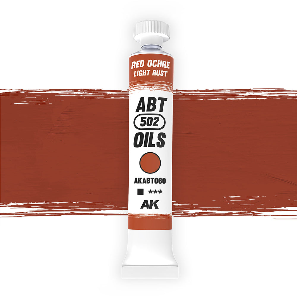 AK Interactive Abteilung 502 Red Ochre | Light Rust Oil Paint AKABT060 bottle showcasing its rich, warm rust color on a clean white background