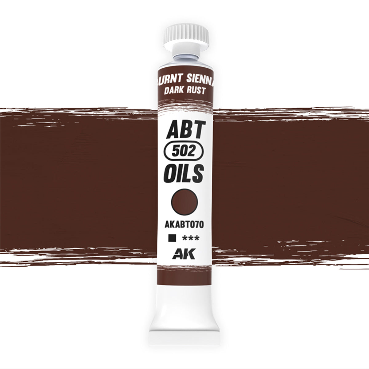 AK Interactive Abteilung 502 Burnt Sienna | Dark Rust Oil Paint AKABT070 bottle showcasing its deep, rich rust color on a clean white background