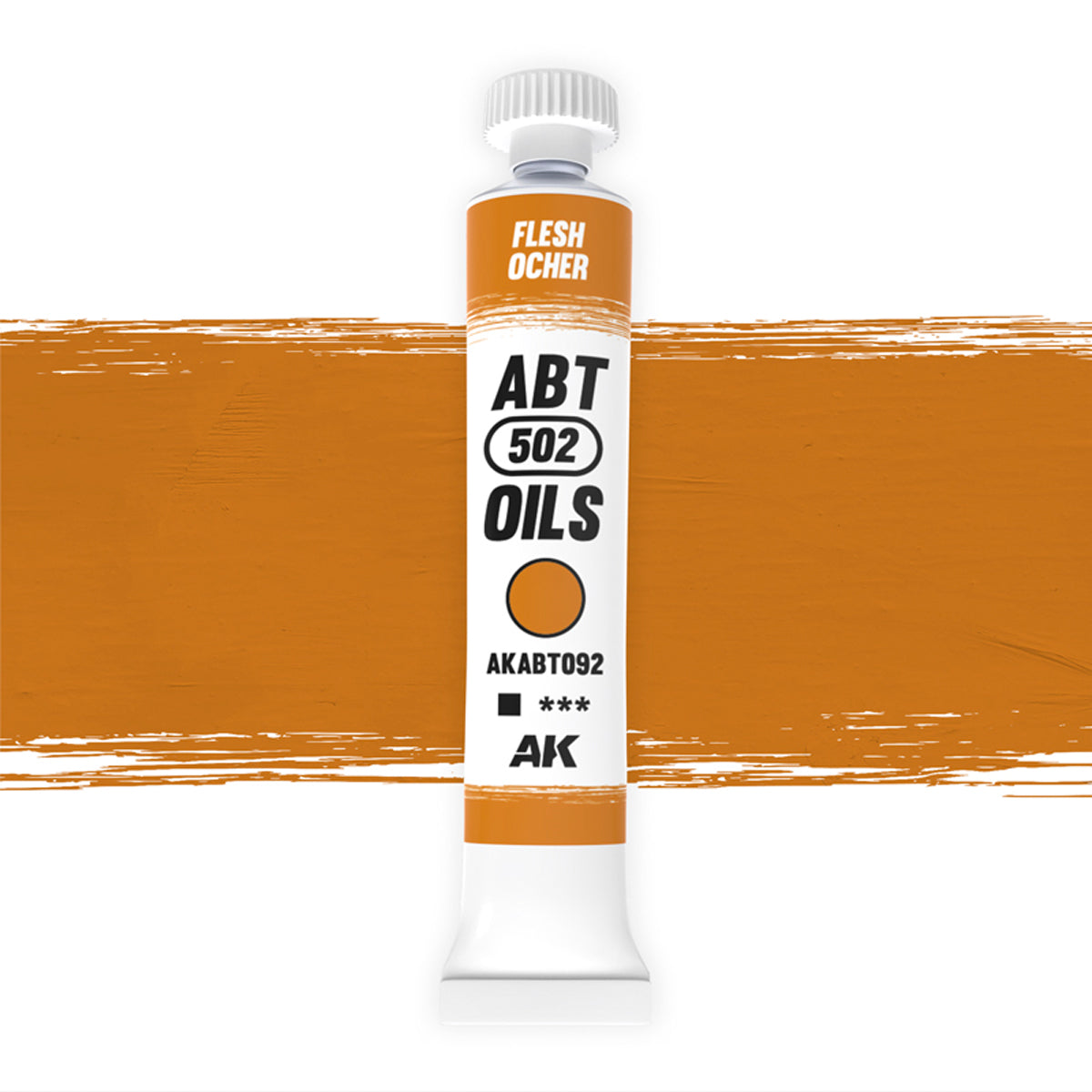 AK Interactive Abteilung 502 Flesh Ochre Oil Paint AKABT092 bottle showcasing its warm, versatile ochre color on a clean white background
