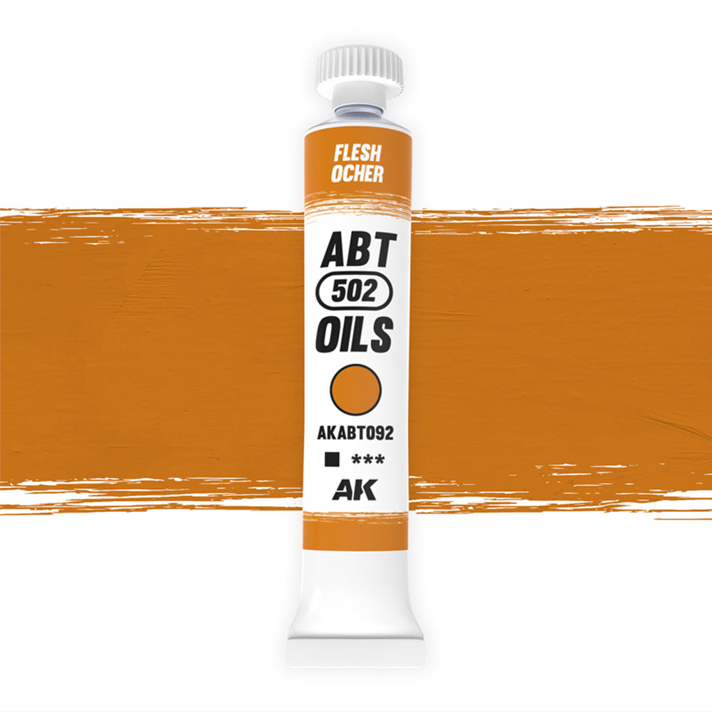 AK Interactive Abteilung 502 Flesh Ochre Oil Paint AKABT092 bottle showcasing its warm, versatile ochre color on a clean white background