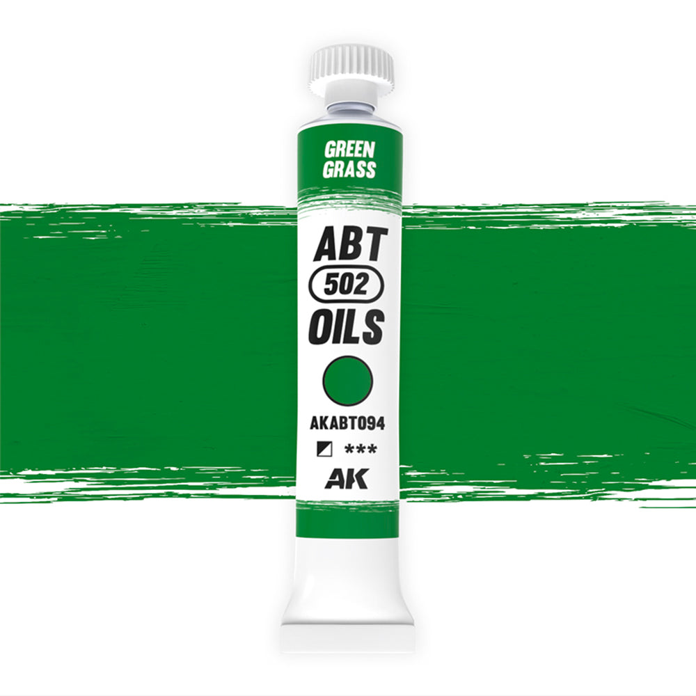 AK Interactive Abteilung 502 Green Grass Oil Paint AKABT094 bottle showcasing its vibrant, natural green color on a clean white background