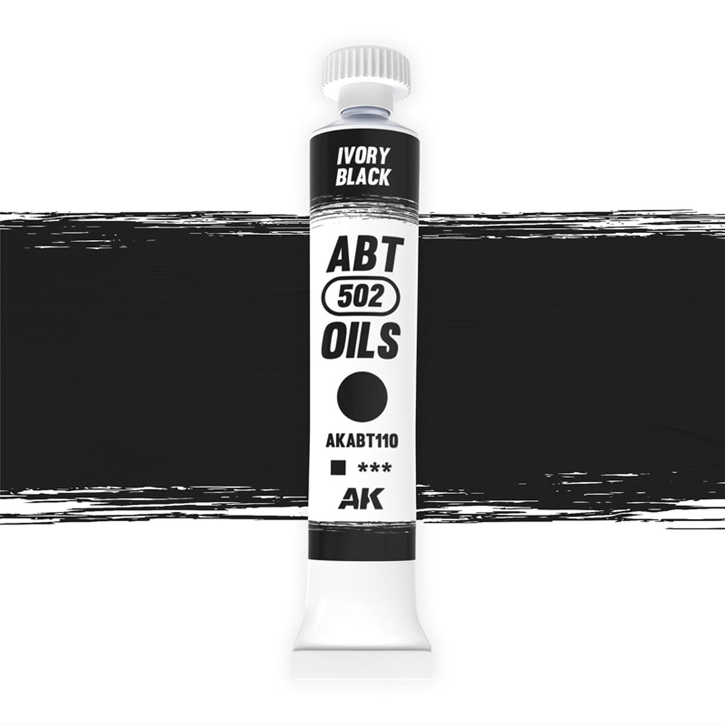 AK Interactive Abteilung 502 Ivory Black Oil Paint AKABT110 bottle showcasing its deep, rich black color on a clean white background