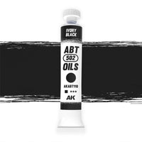 AK Interactive Abteilung 502 Ivory Black Oil Paint AKABT110 bottle showcasing its deep, rich black color on a clean white background
