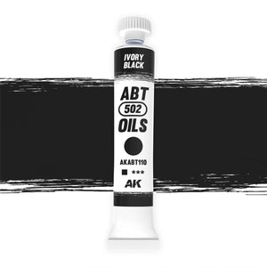 AK Interactive Abteilung 502 Ivory Black Oil Paint AKABT110 bottle showcasing its deep, rich black color on a clean white background