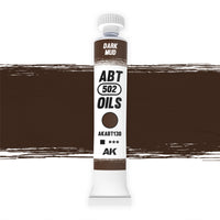 AK Interactive Abteilung 502 Dark Mud Oil Paint AKABT130 bottle showcasing its rich, deep mud color on a clean white background
