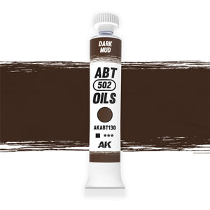 AK Interactive Abteilung 502 Dark Mud Oil Paint AKABT130 bottle showcasing its rich, deep mud color on a clean white background