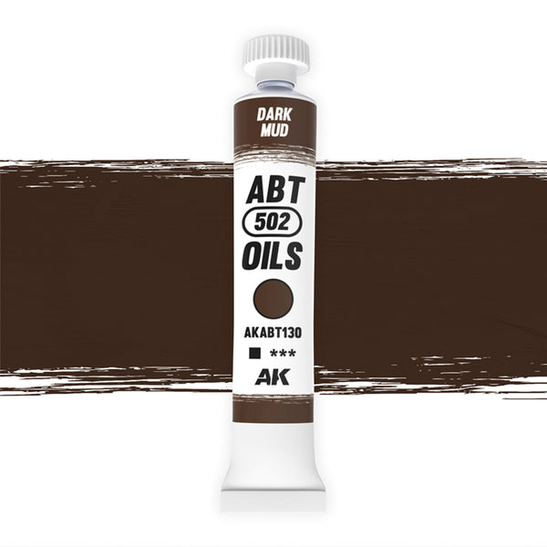 AK Interactive Abteilung 502 Dark Mud Oil Paint AKABT130 bottle showcasing its rich, deep mud color on a clean white background