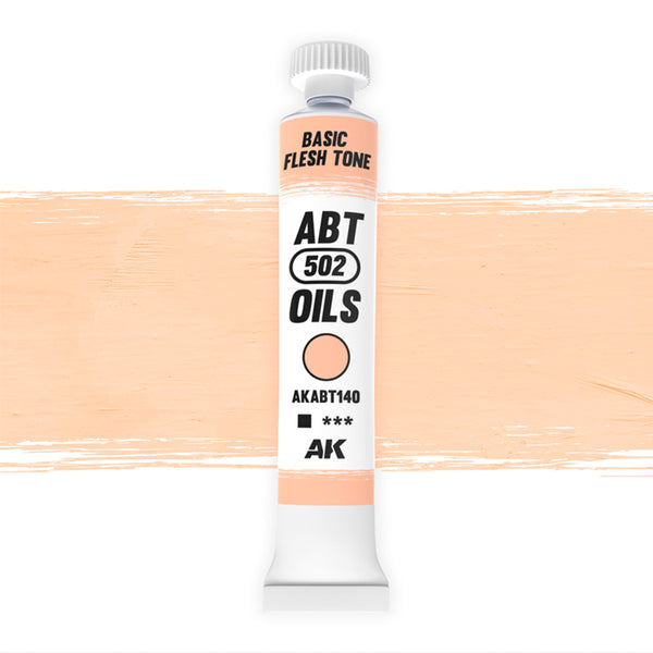 AK Interactive Abteilung 502 Basic Flesh Tone Oil Paint AKABT140 bottle showcasing its versatile skin color on a clean white background