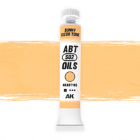 AK Interactive Abteilung 502 Sunny Flesh Tone Oil Paint AKABT145 bottle showcasing its warm, vibrant skin color on a clean white background
