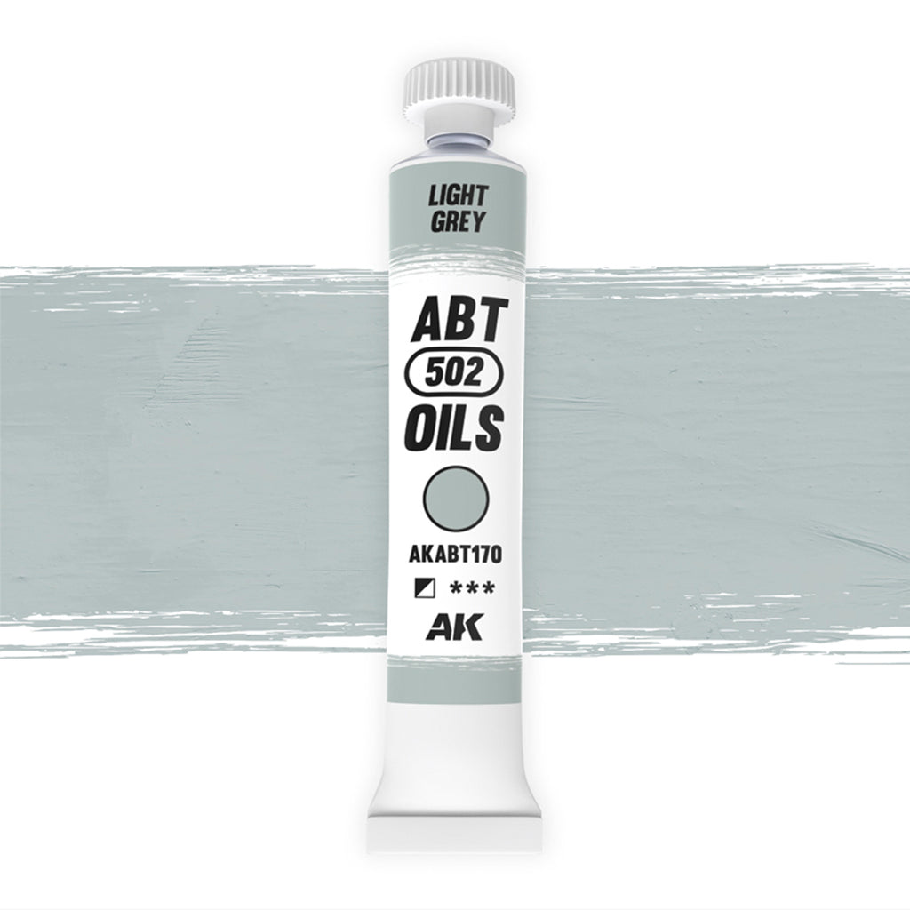 AK Interactive Abteilung 502 Light Grey Oil Paint AKABT170 bottle showcasing its subtle light grey color on a clean white background