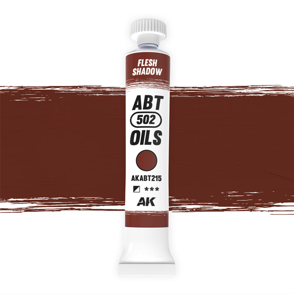 AK Interactive Abteilung 502 Flesh Shadow Oil Paint AKABT215 bottle showcasing its rich, shadowy skin tone color on a clean white background