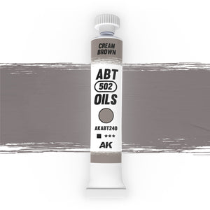 AK Interactive Abteilung 502 Cream Brown Oil Paint AKABT240 bottle showcasing its subtle, versatile brown color on a clean white background