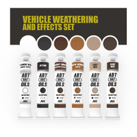 AK Interactive AKABT302 Vehicle Weathering Set displaying all six oil paint tubes alongside color swatches of each weathering tone, arranged on a white background to showcase the range and versatility of the set
