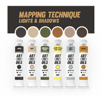 AK Interactive AKABT303 Vehicle Mapping Set displaying all six oil paint tubes alongside color swatches of each shade, arranged on a white background to showcase the range and versatility of the set for creating highlights and shadows
