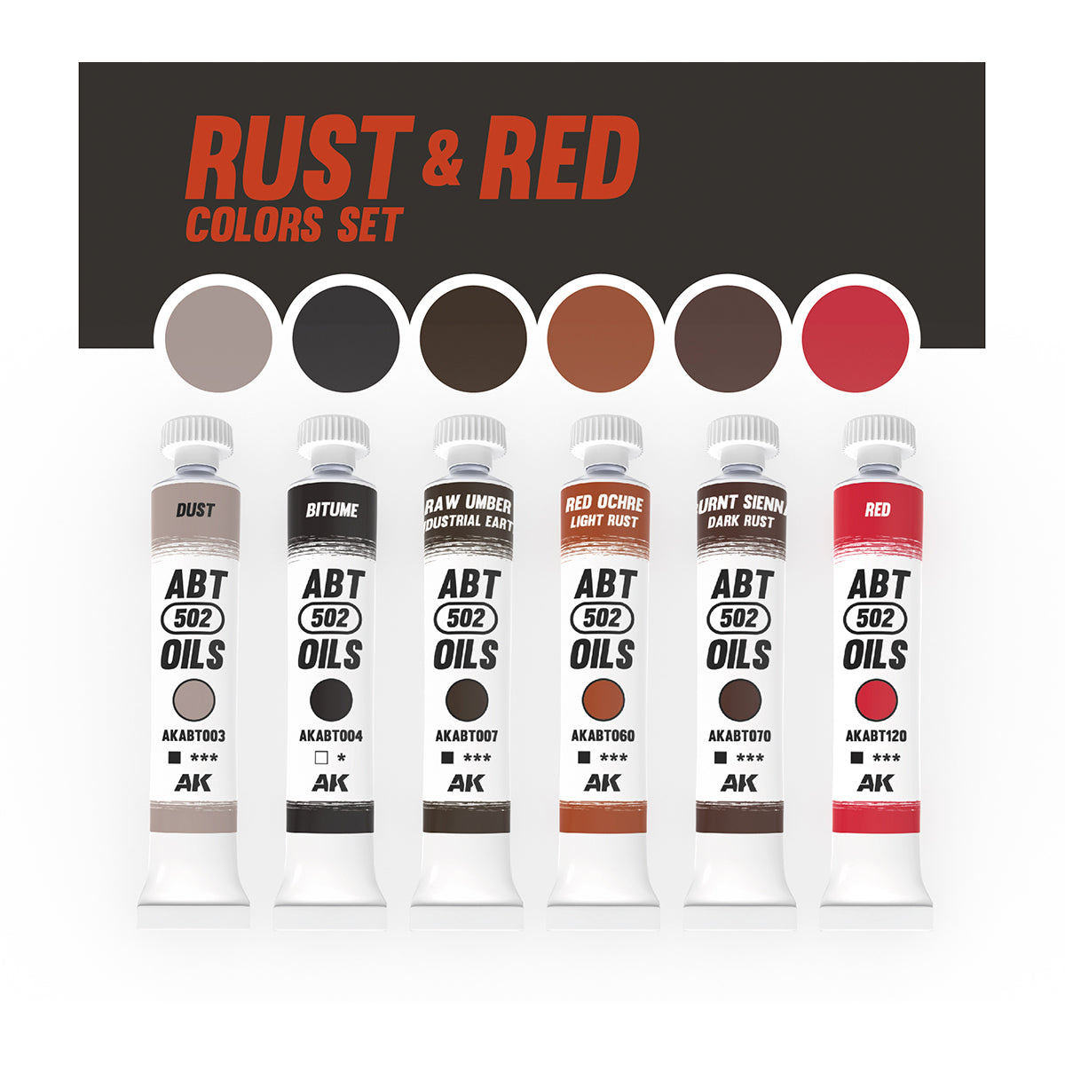 AK Interactive AKABT304 Rust and Red Colors Set displaying all six oil paint tubes alongside color swatches of each shade, arranged on a white background to showcase the range and versatility of the set for creating rust effects and enhancing red details