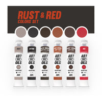 AK Interactive AKABT304 Rust and Red Colors Set displaying all six oil paint tubes alongside color swatches of each shade, arranged on a white background to showcase the range and versatility of the set for creating rust effects and enhancing red details
