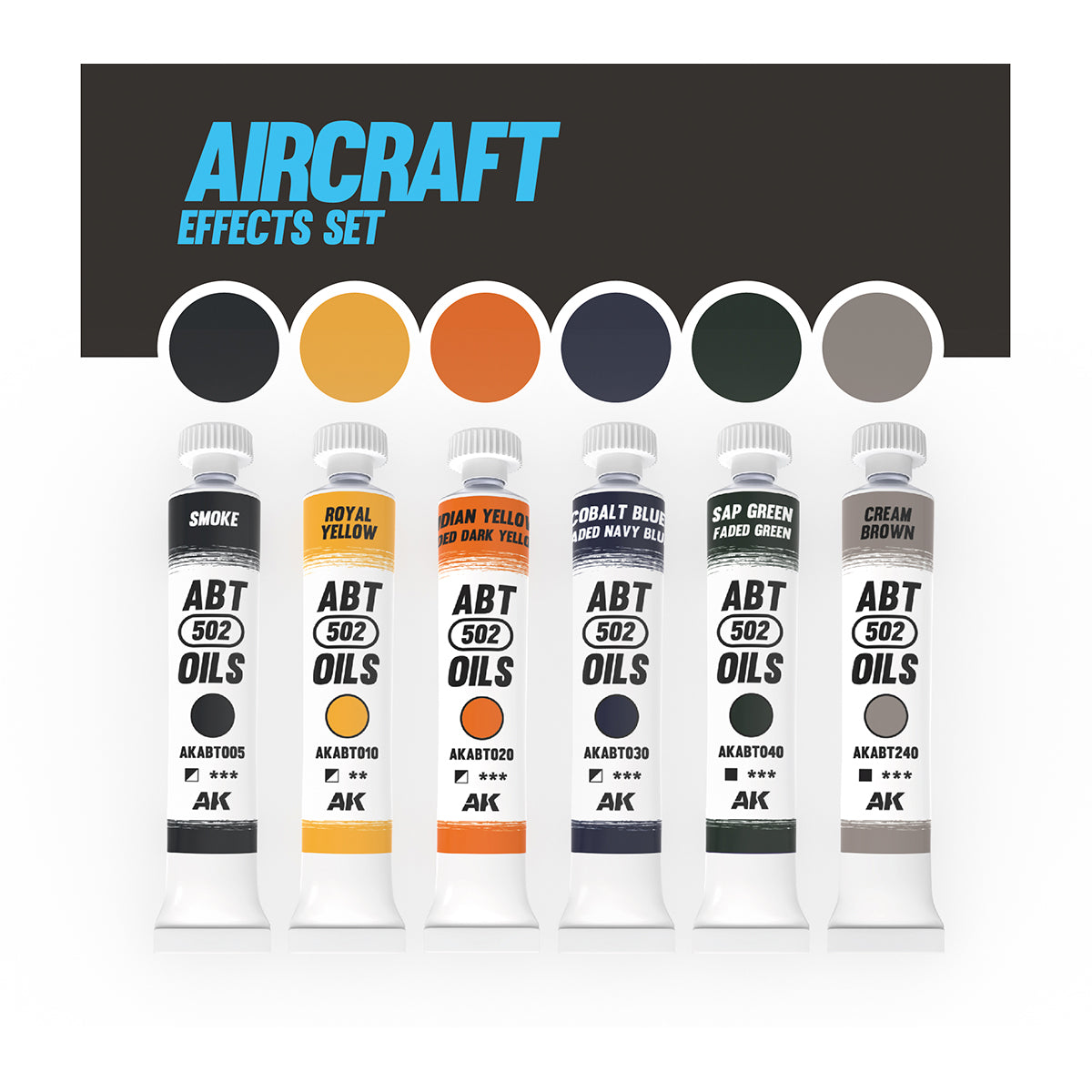 AK Interactive AKABT305 Aircraft Effects Set displaying all six oil paint tubes alongside color swatches of each shade, arranged on a white background to showcase the range and versatility of the set for creating various aircraft effects