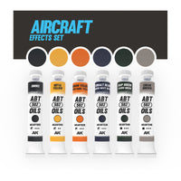 AK Interactive AKABT305 Aircraft Effects Set displaying all six oil paint tubes alongside color swatches of each shade, arranged on a white background to showcase the range and versatility of the set for creating various aircraft effects
