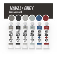 AK Interactive AKABT306 Naval and Grey Effects Set displaying all six oil paint tubes alongside color swatches of each shade, arranged on a white background to showcase the range and versatility of the set for enhancing grey-toned models
