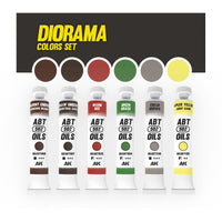 AK Interactive AKABT307 Diorama Colors Set displaying all six oil paint tubes alongside color swatches of each shade, arranged on a white background to showcase the range and versatility of the set for enhancing dioramas and scenic bases
