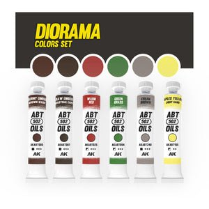 AK Interactive AKABT307 Diorama Colors Set displaying all six oil paint tubes alongside color swatches of each shade, arranged on a white background to showcase the range and versatility of the set for enhancing dioramas and scenic bases